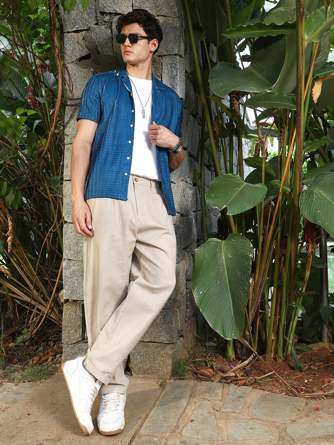 Men Electric Blue Dye-Textured Cuban Oversized Shirt