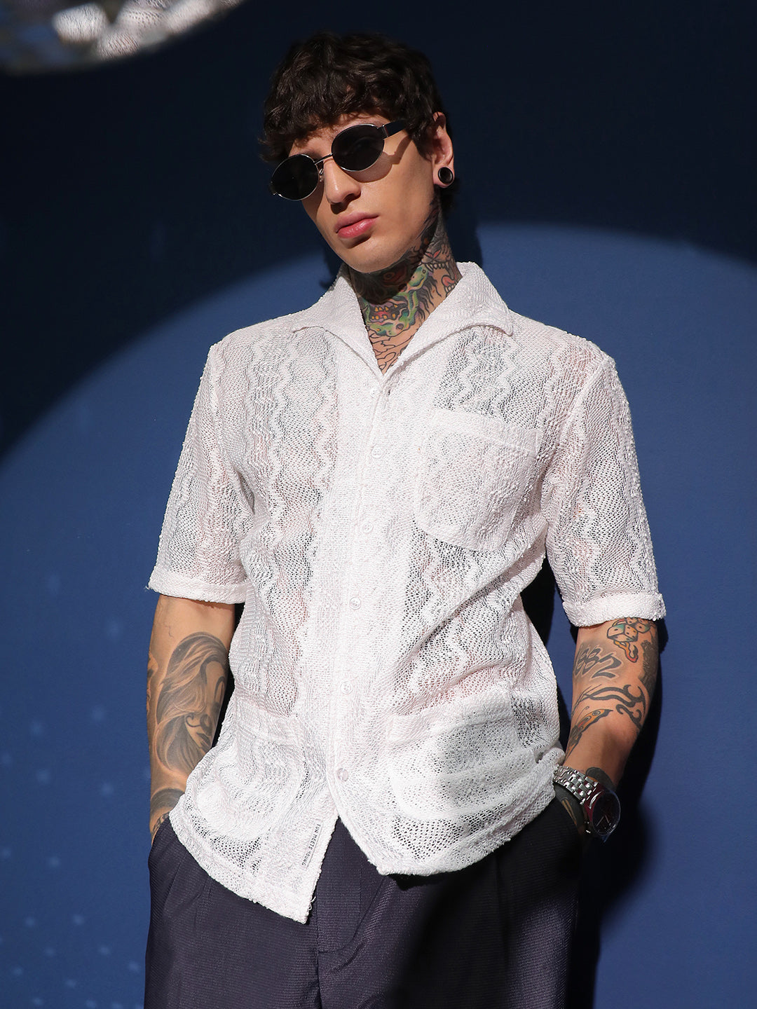 Men Daisy White Swirl Open-Knit Shirt