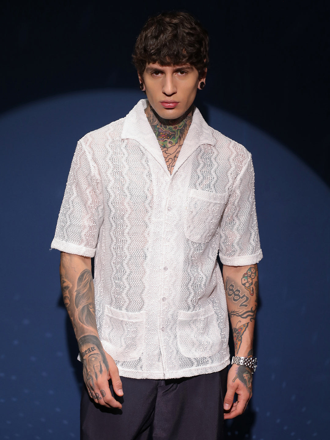 Men Daisy White Swirl Open-Knit Shirt
