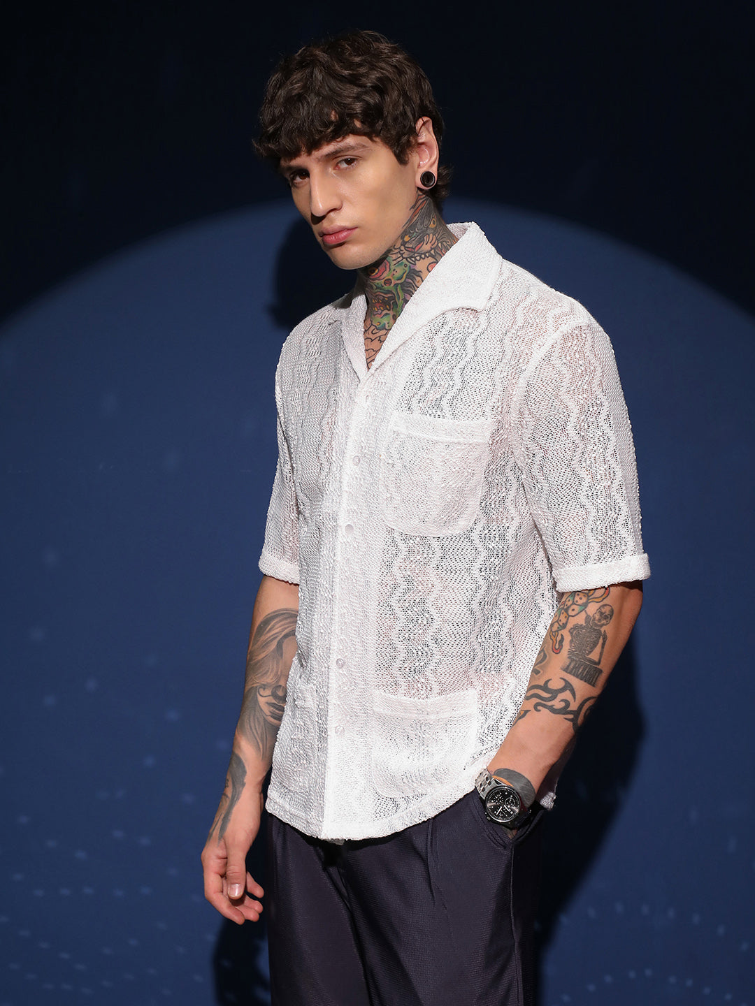 Men Daisy White Swirl Open-Knit Shirt