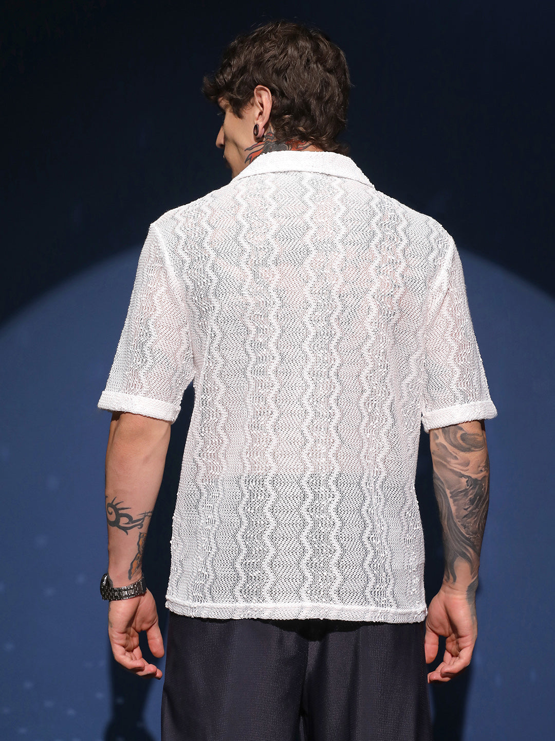 Men Daisy White Swirl Open-Knit Shirt