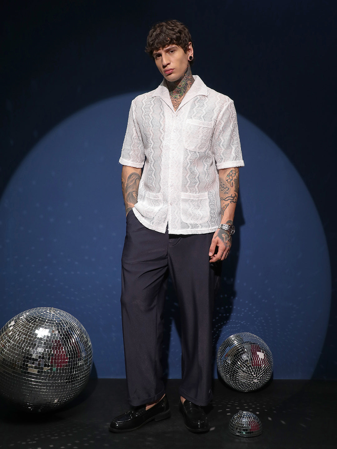 Men Daisy White Swirl Open-Knit Shirt