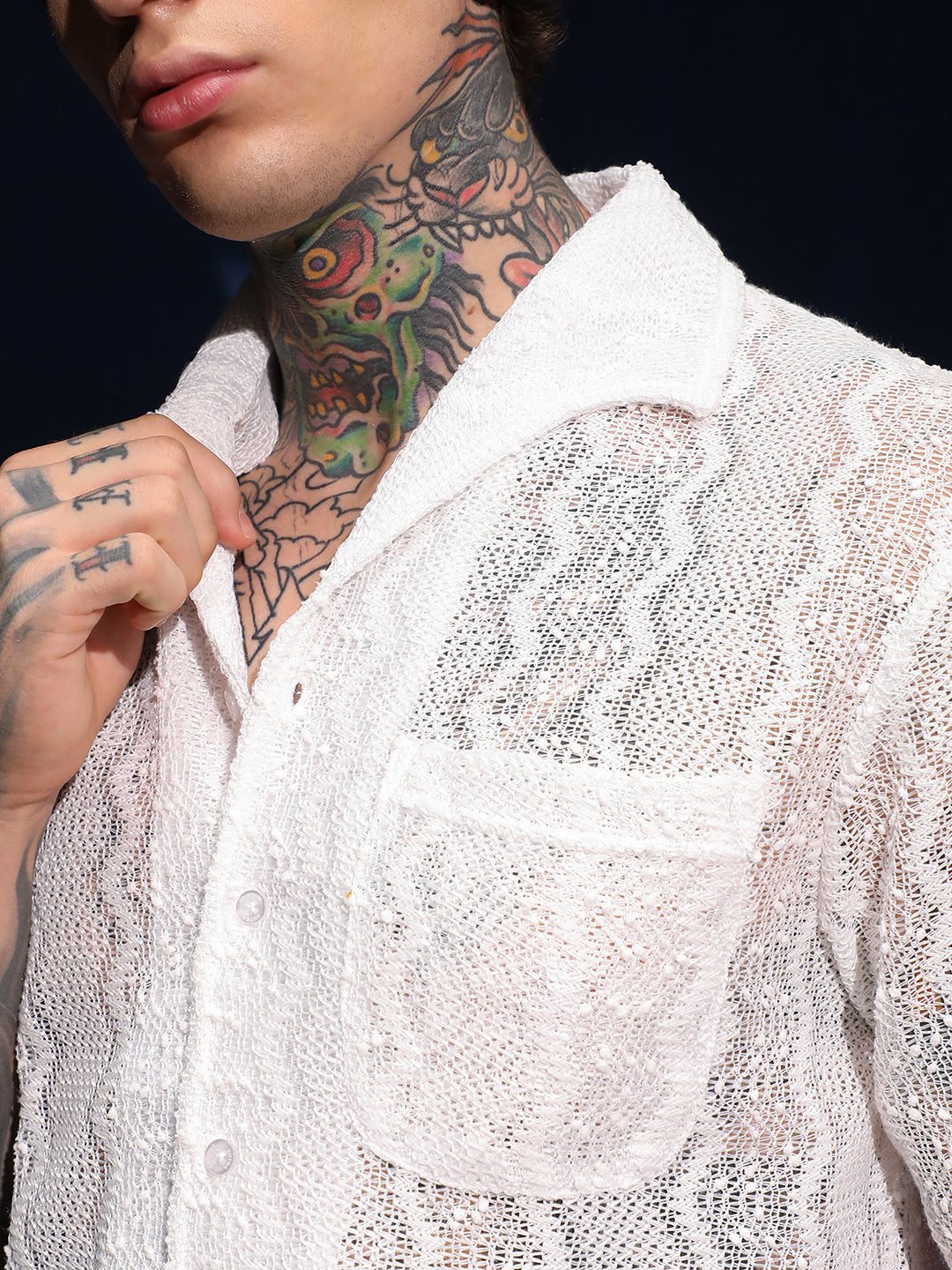 Men Daisy White Swirl Open-Knit Shirt