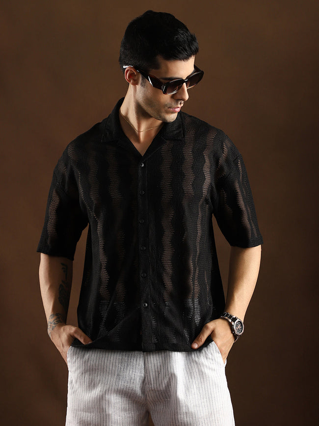 Men Onyx Black Swirl Open-Knit Resort Shirt