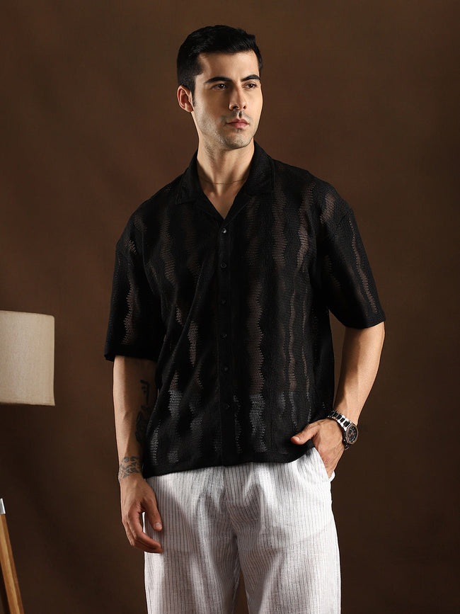 Men Onyx Black Swirl Open-Knit Resort Shirt