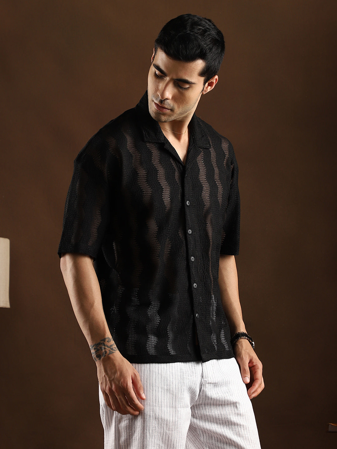 Men Onyx Black Swirl Open-Knit Resort Shirt