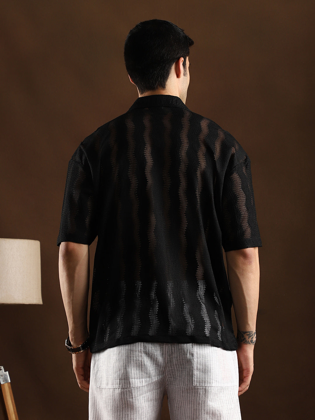 Men Onyx Black Swirl Open-Knit Resort Shirt