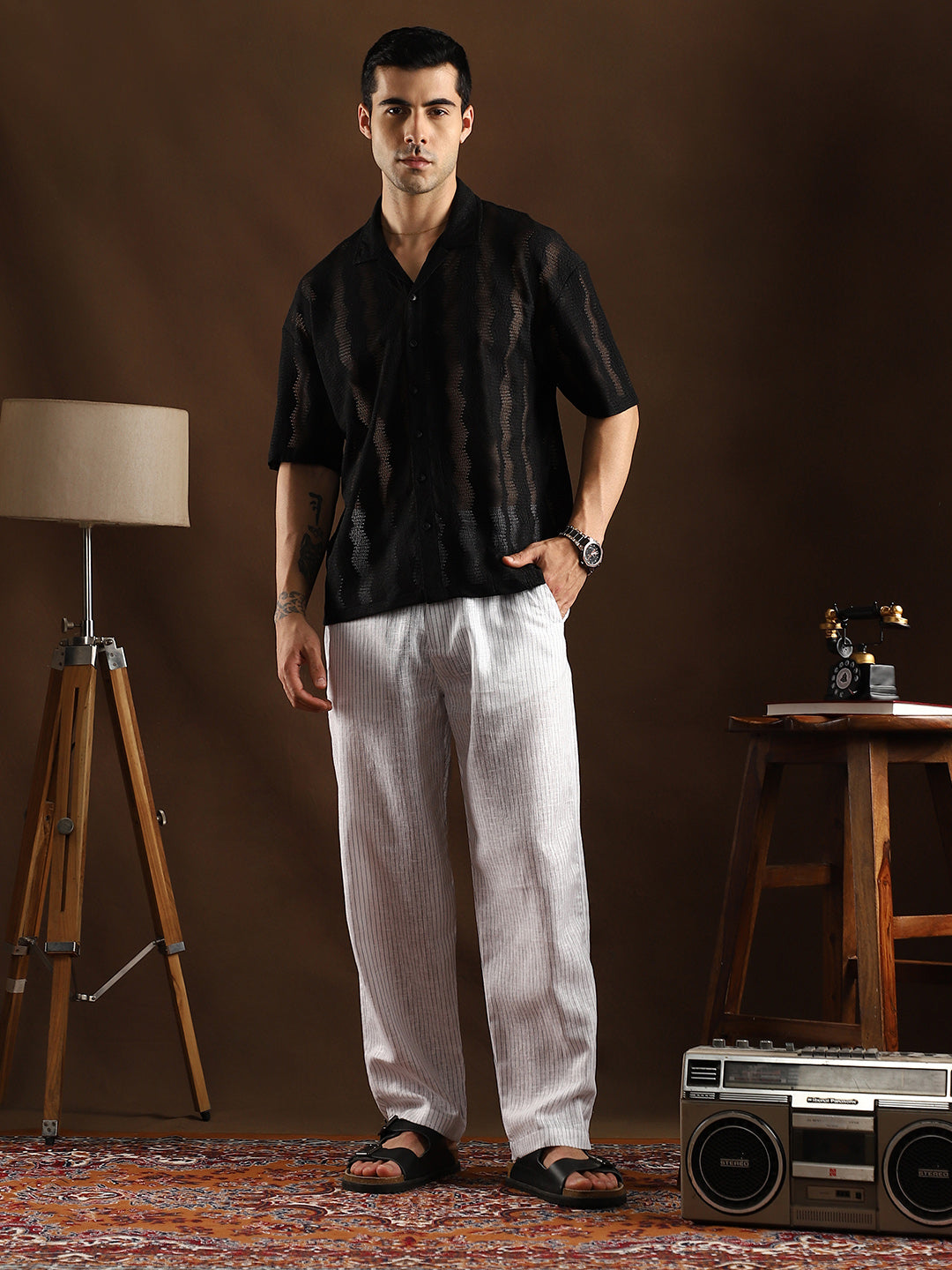 Men Onyx Black Swirl Open-Knit Resort Shirt