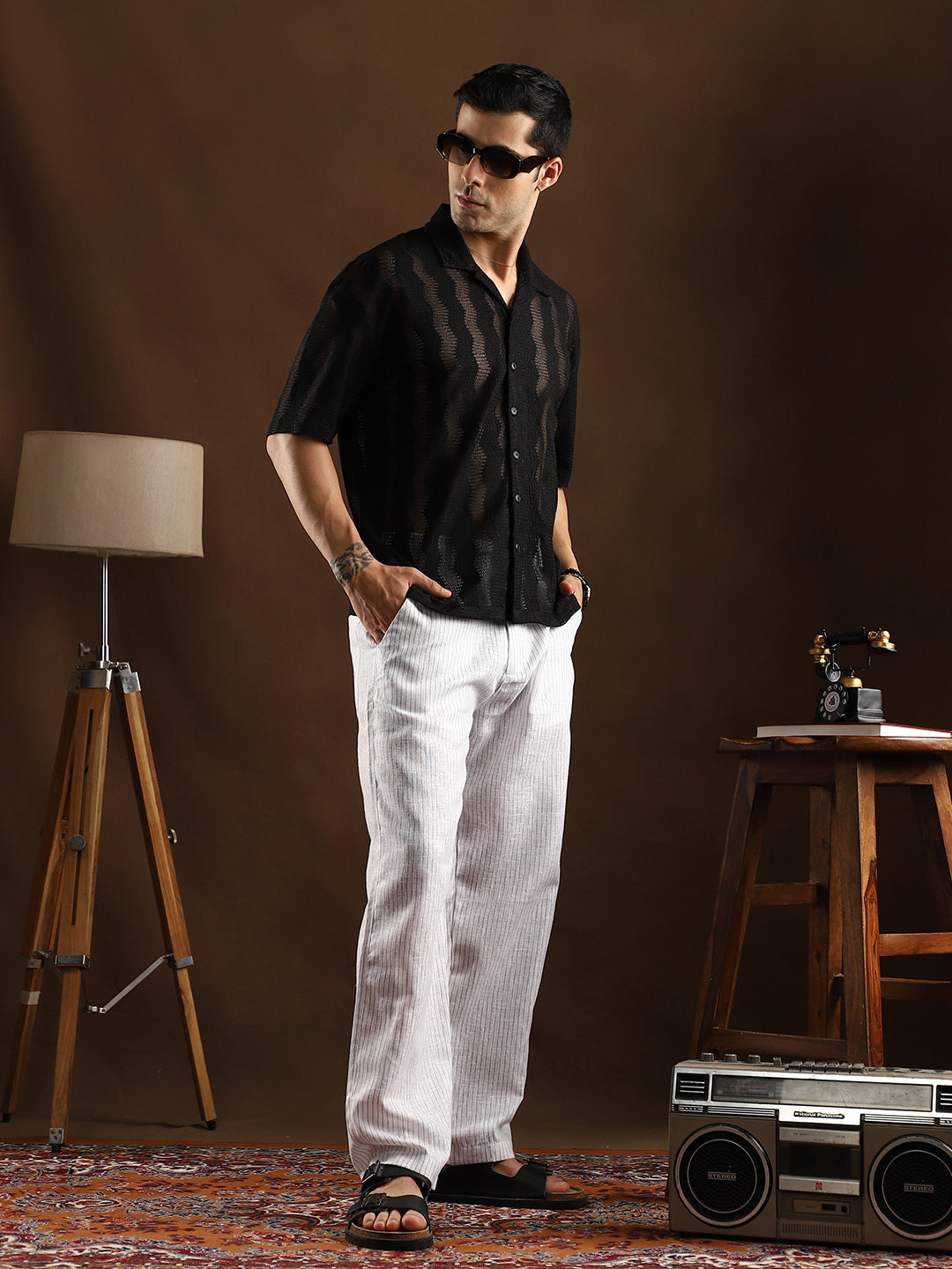 Men Onyx Black Swirl Open-Knit Resort Shirt