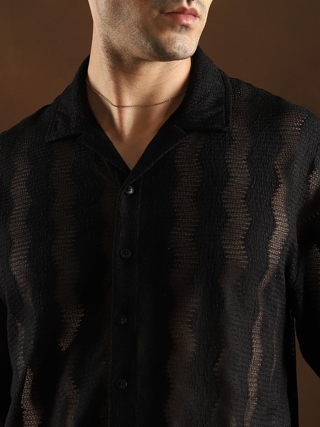 Men Onyx Black Swirl Open-Knit Resort Shirt