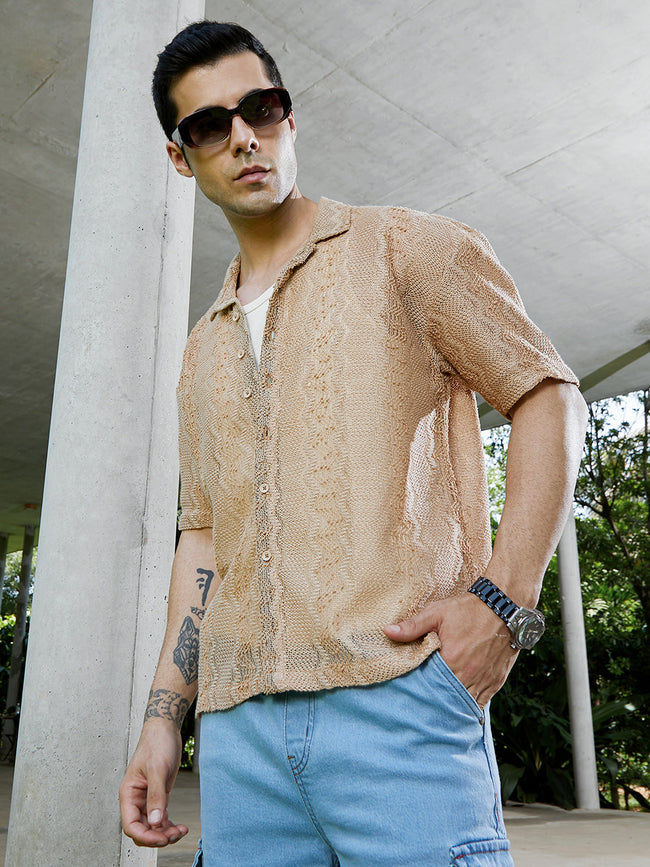 Men Sand Beige Swirl Open-Knit Resort Shirt