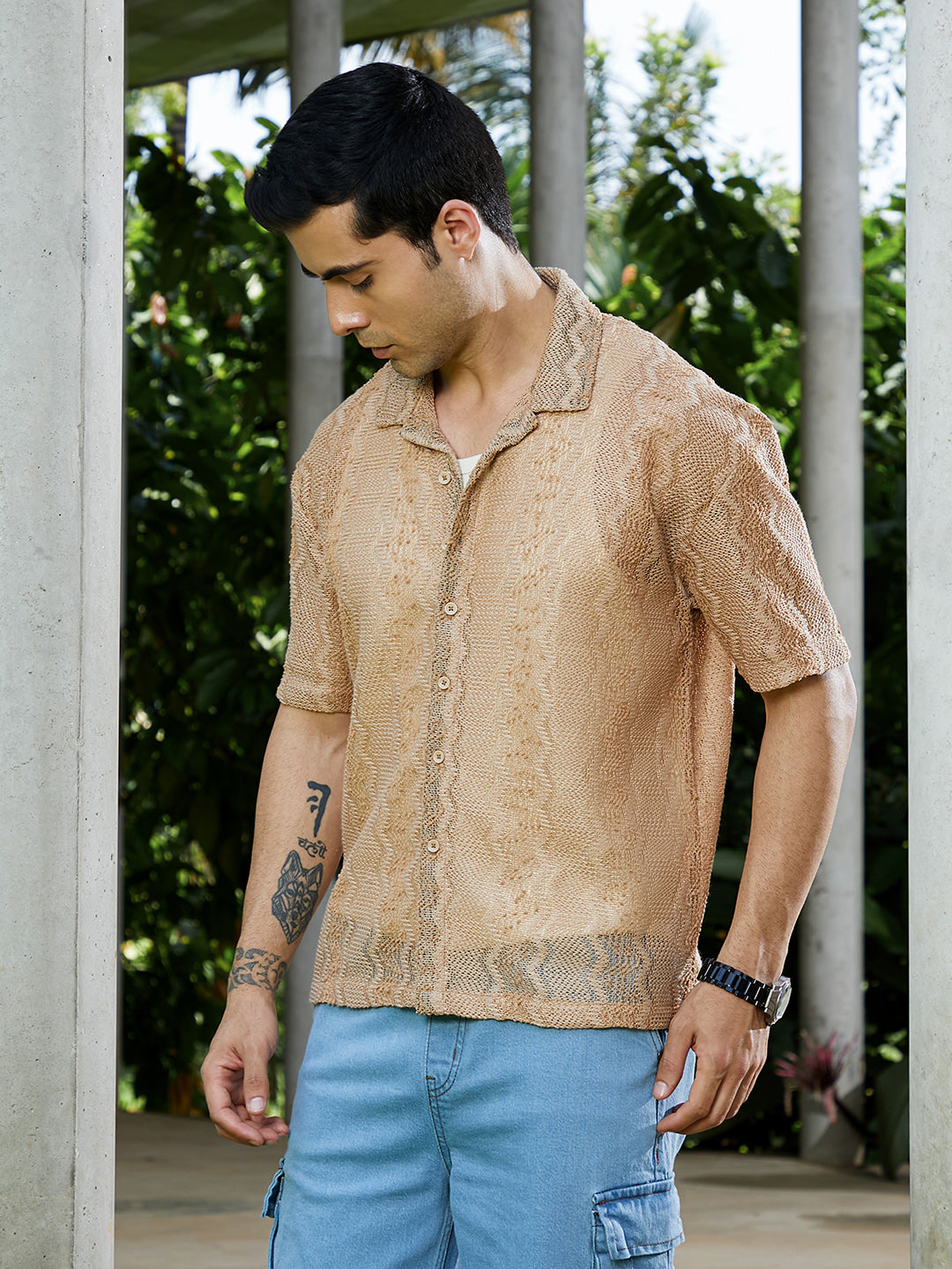 Men Sand Beige Swirl Open-Knit Resort Shirt