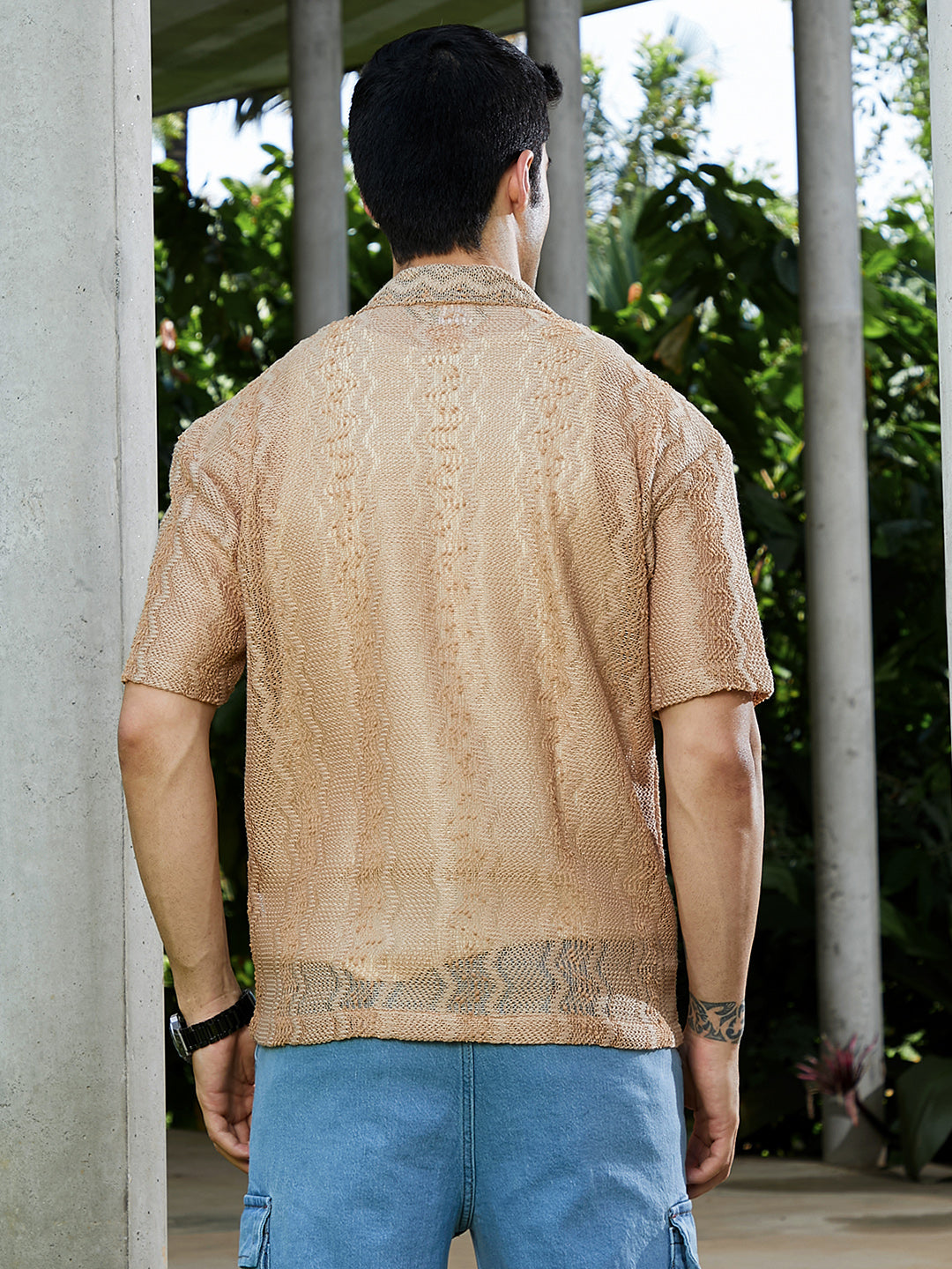 Men Sand Beige Swirl Open-Knit Resort Shirt