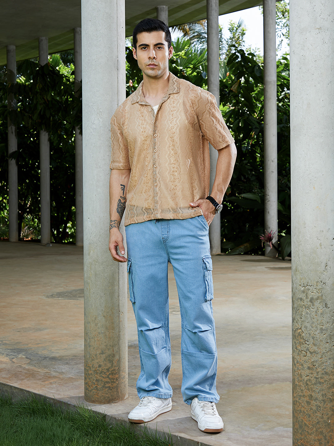 Men Sand Beige Swirl Open-Knit Resort Shirt