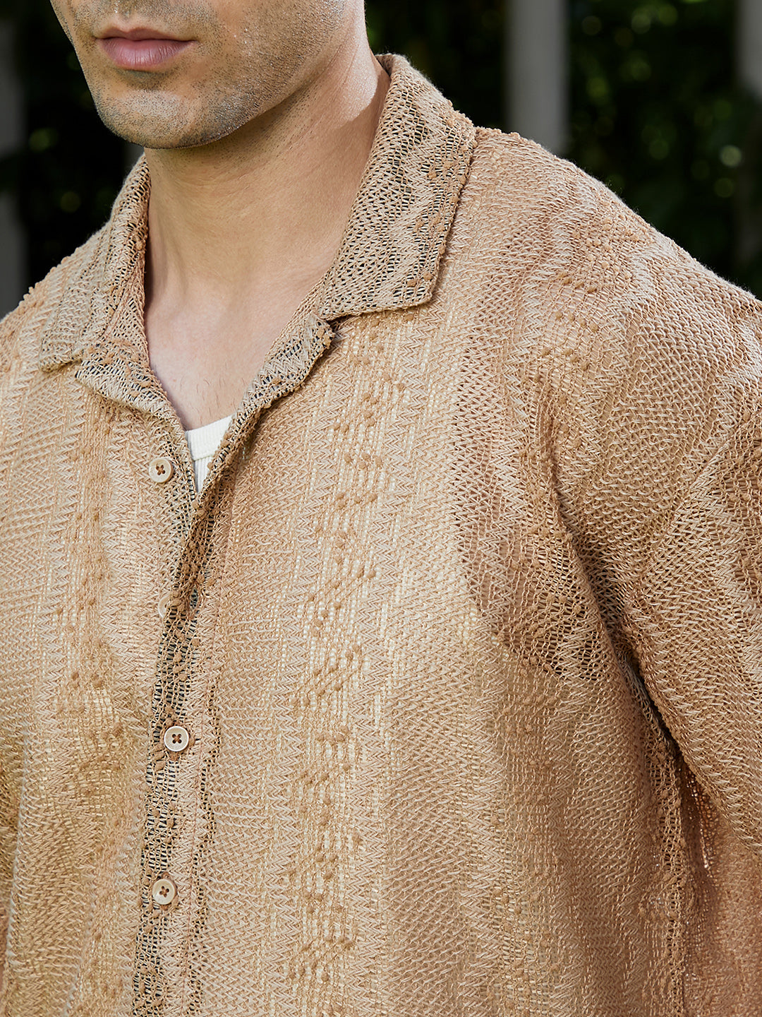 Men Sand Beige Swirl Open-Knit Resort Shirt