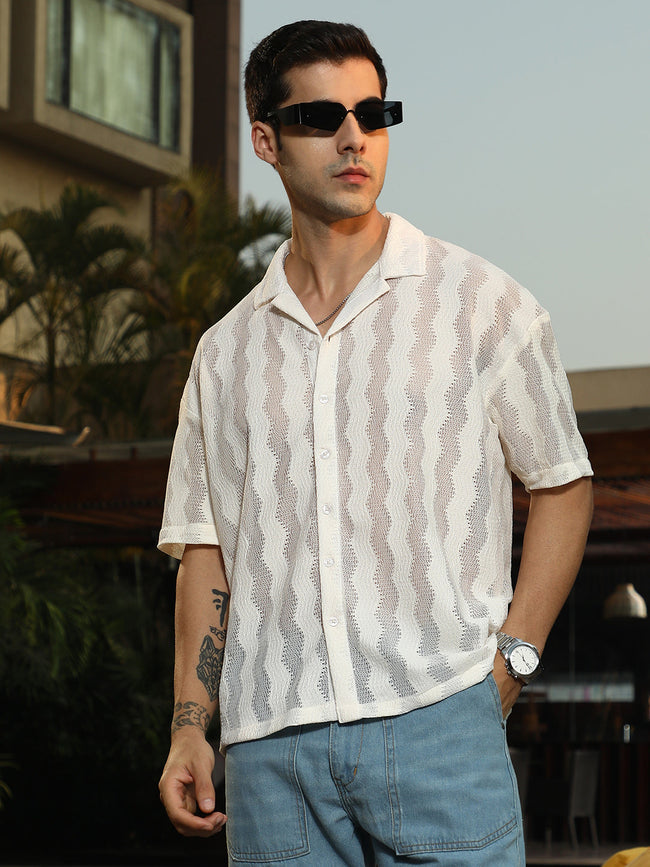 Men Off-White Swirl Open-Knit Resort Shirt