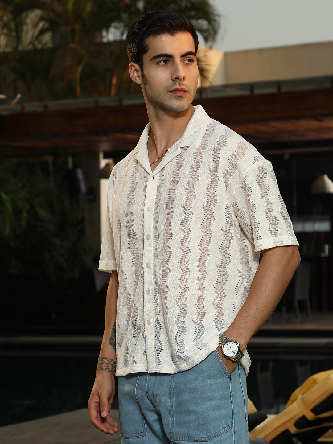 Men Off-White Swirl Open-Knit Resort Shirt