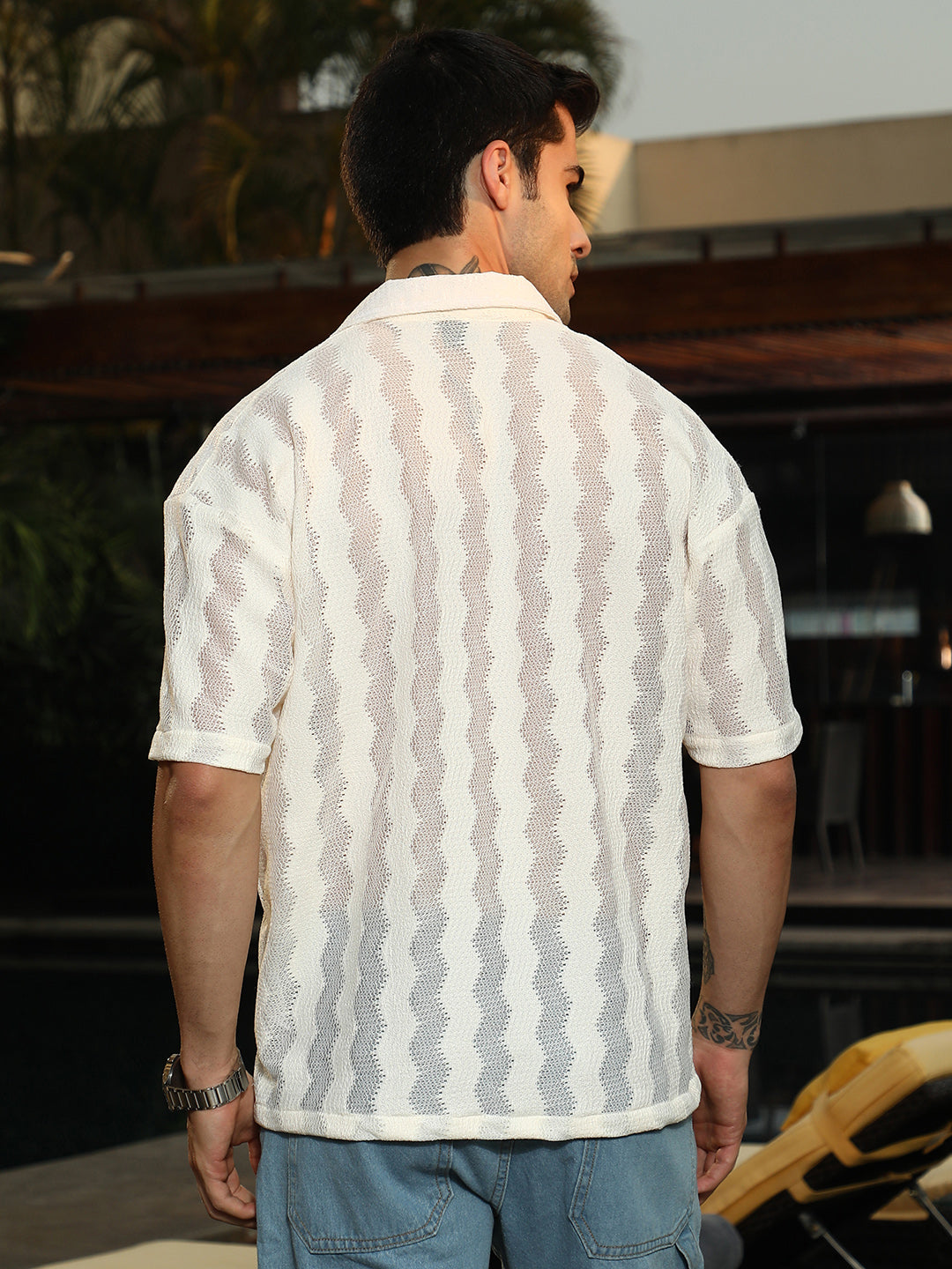 Men Off-White Swirl Open-Knit Resort Shirt