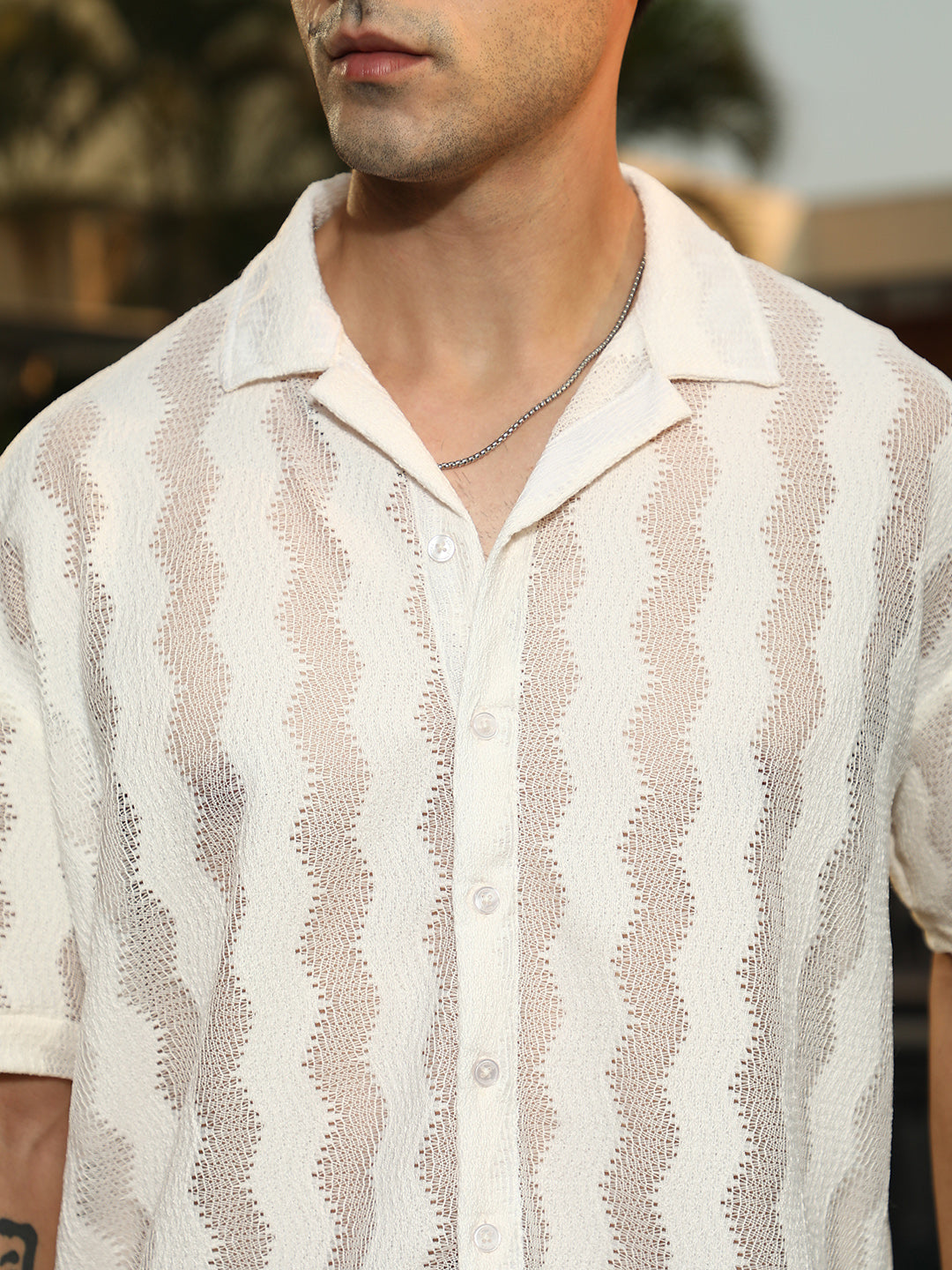 Men Off-White Swirl Open-Knit Resort Shirt