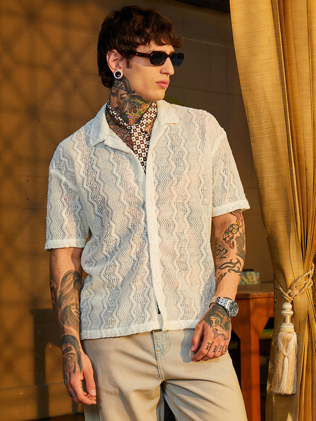 Men Cream White Swirl Open-Knit Resort Shirt