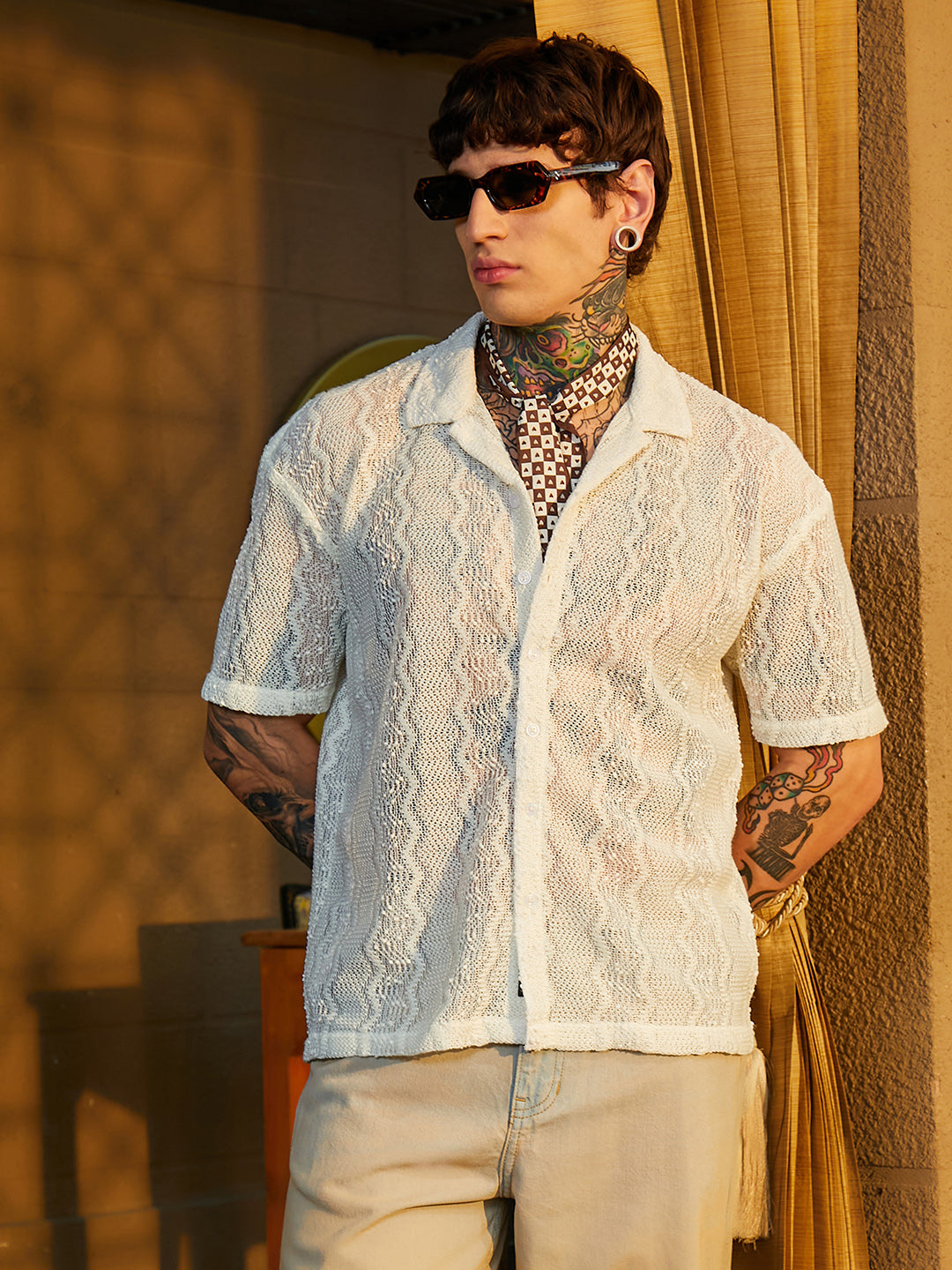 Men Cream White Swirl Open-Knit Resort Shirt