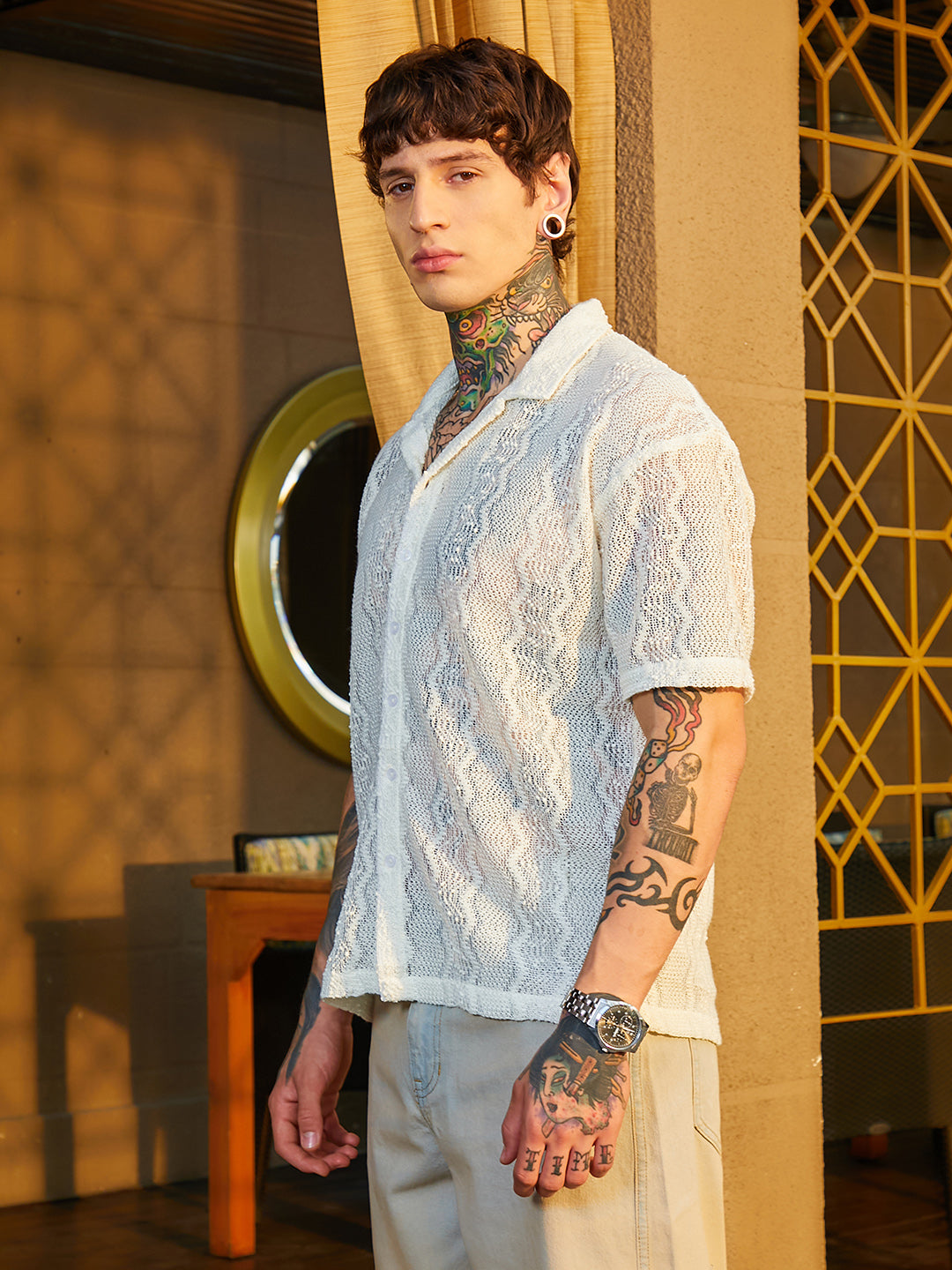 Men Cream White Swirl Open-Knit Resort Shirt