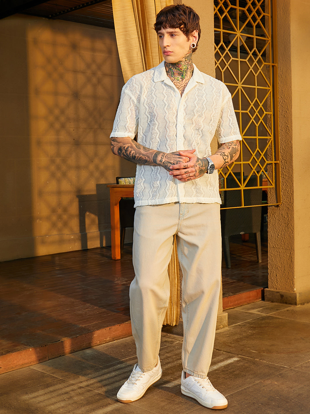 Men Cream White Swirl Open-Knit Resort Shirt