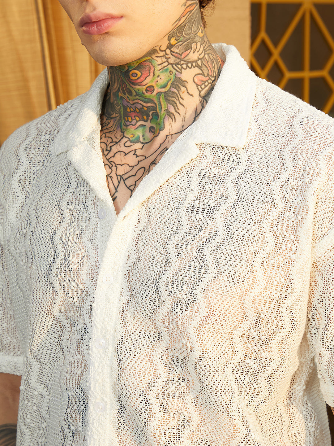 Men Cream White Swirl Open-Knit Resort Shirt