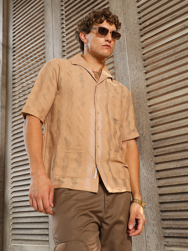Men Sand Beige Swirl Open-Knit Shirt