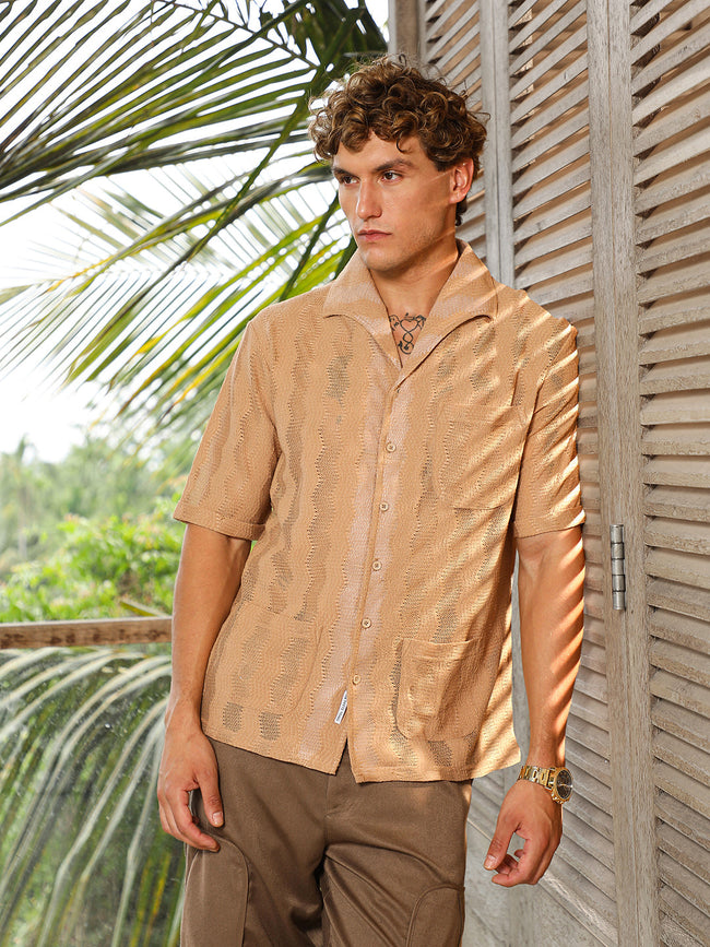 Men Sand Beige Swirl Open-Knit Shirt