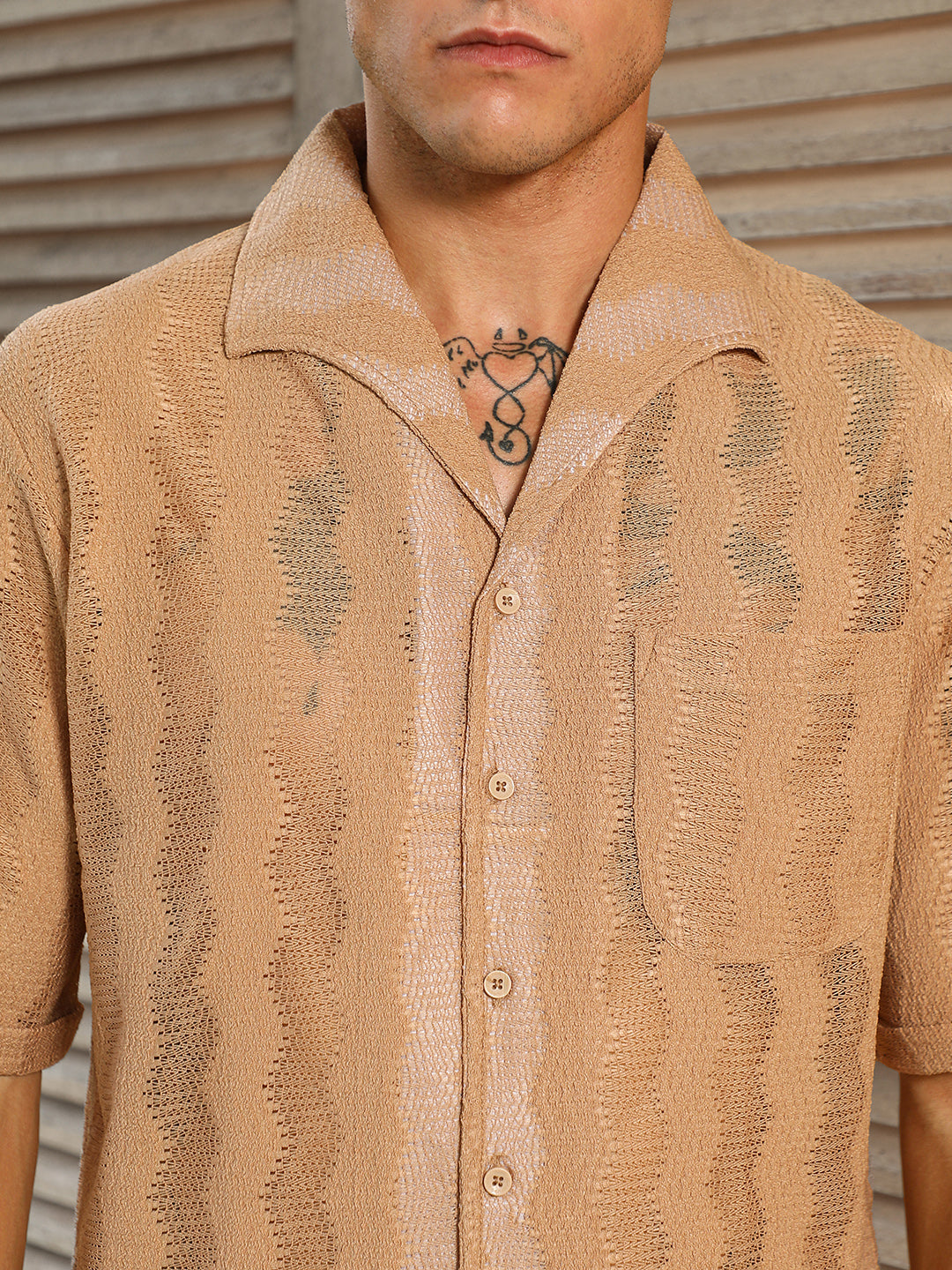 Men Sand Beige Swirl Open-Knit Shirt