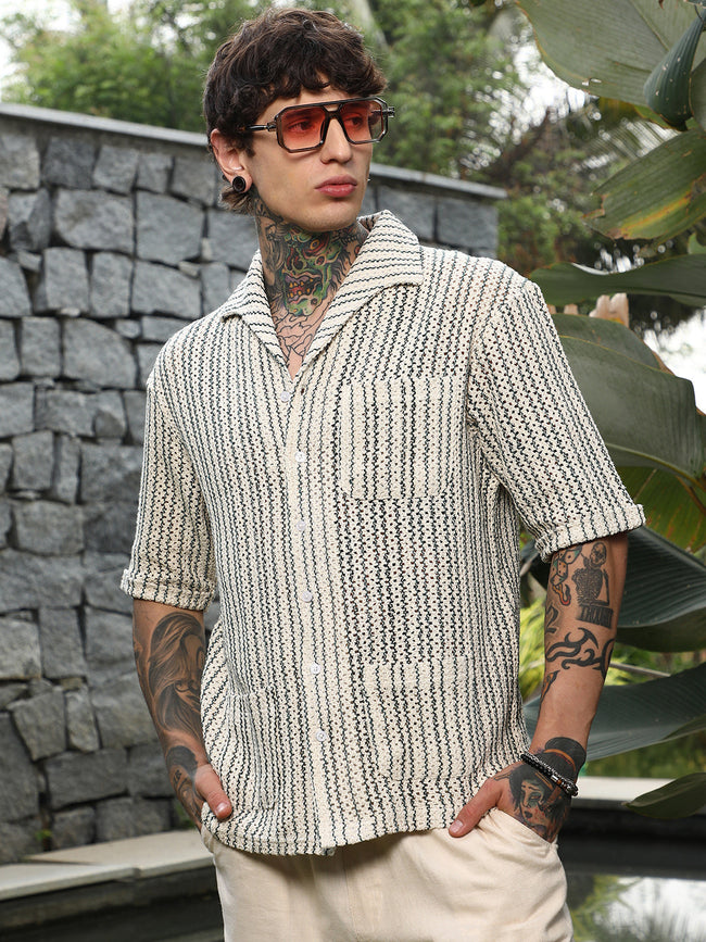 Men Off-White & Indigo Blue Striped Crochet Shirt