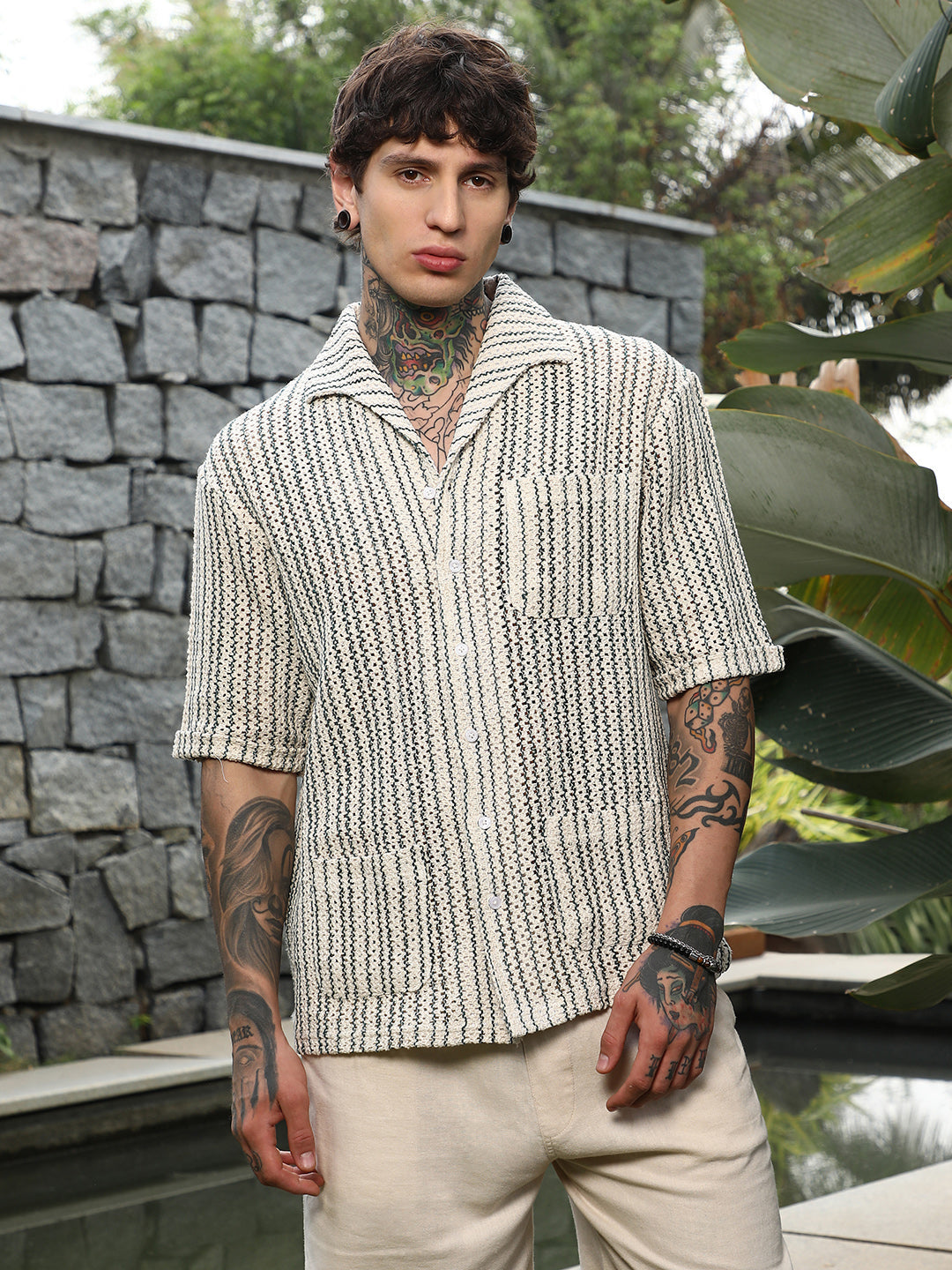 Men Off-White & Indigo Blue Striped Crochet Shirt