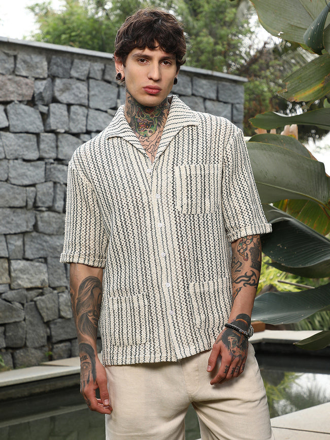 Men Off-White & Indigo Blue Striped Crochet Shirt