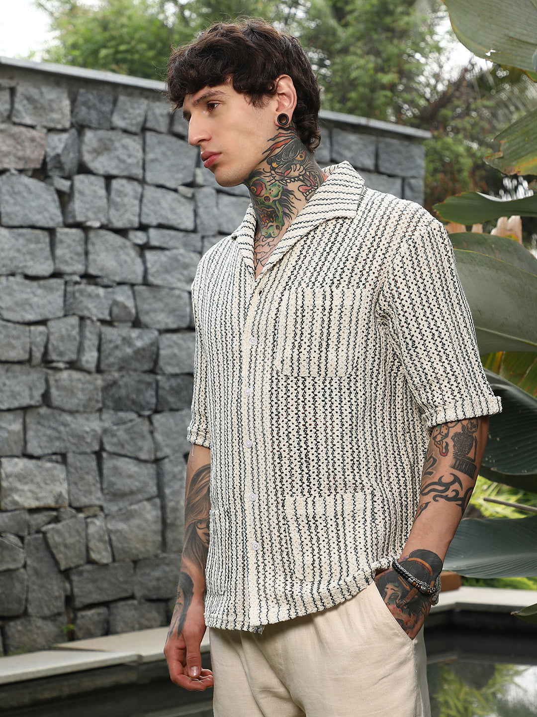 Men Off-White & Indigo Blue Striped Crochet Shirt