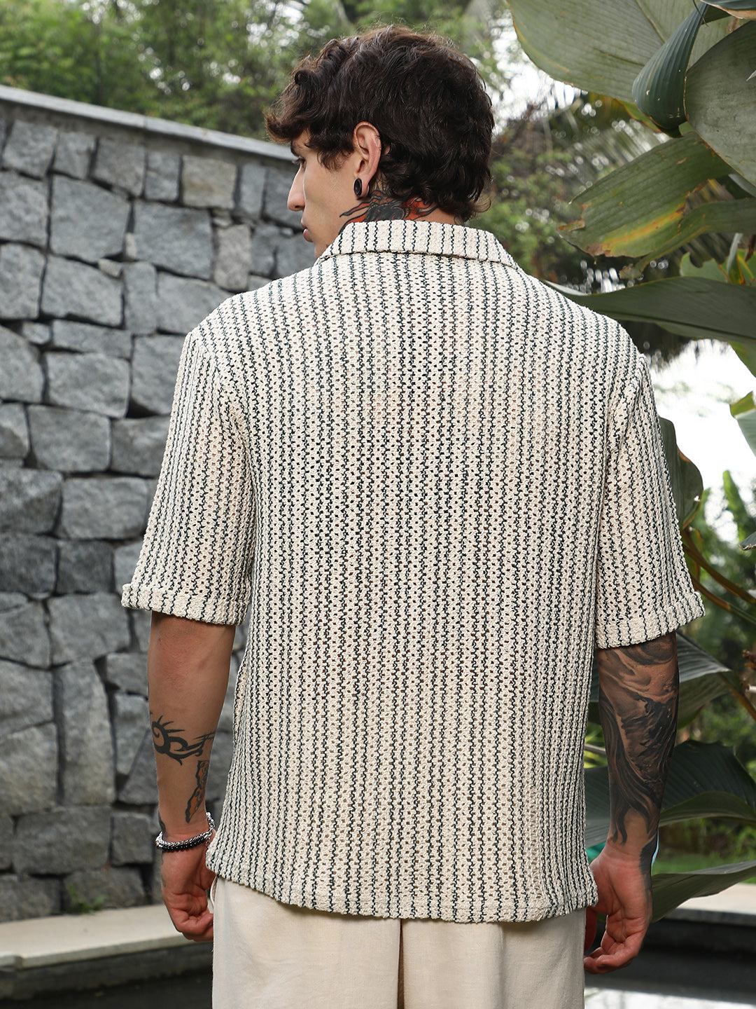 Men Off-White & Indigo Blue Striped Crochet Shirt