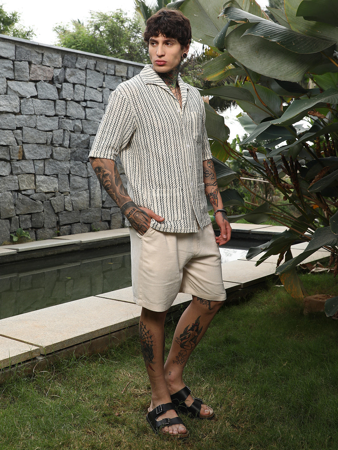 Men Off-White & Indigo Blue Striped Crochet Shirt