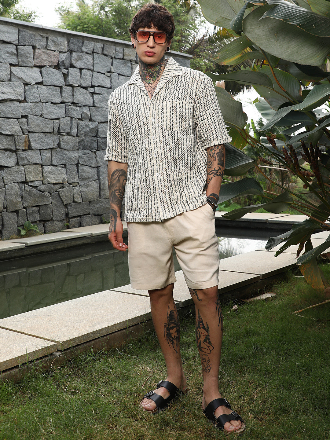 Men Off-White & Indigo Blue Striped Crochet Shirt