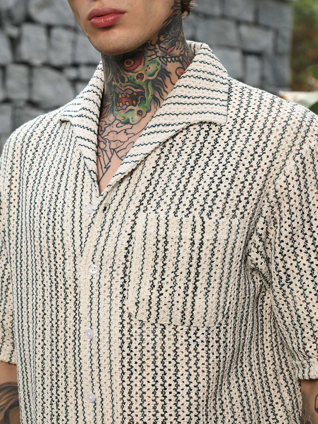 Men Off-White & Indigo Blue Striped Crochet Shirt