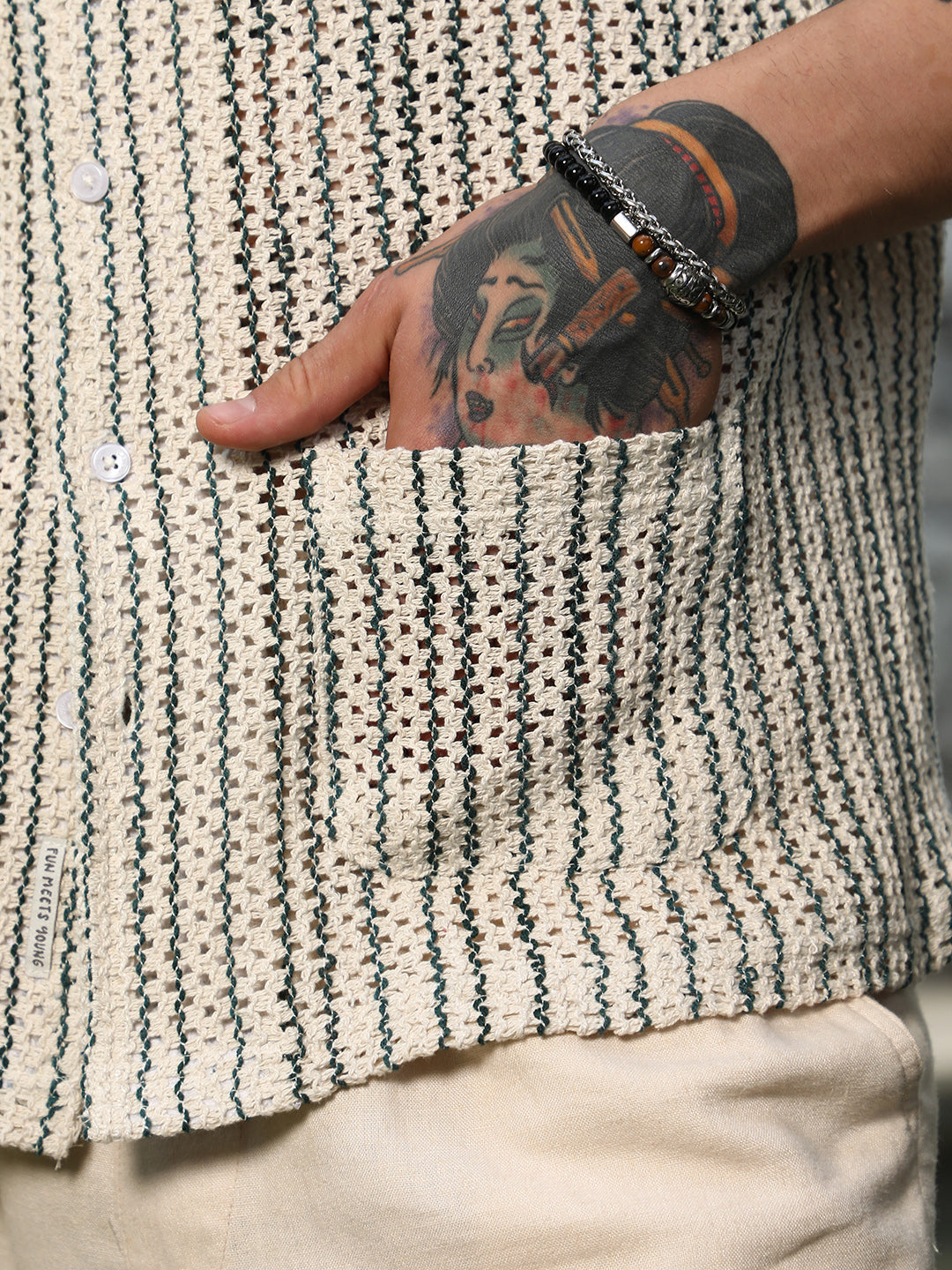 Men Off-White & Indigo Blue Striped Crochet Shirt