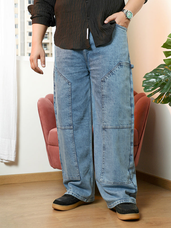 Men Navy Blue Panelled Straight-Fit Denim Jeans