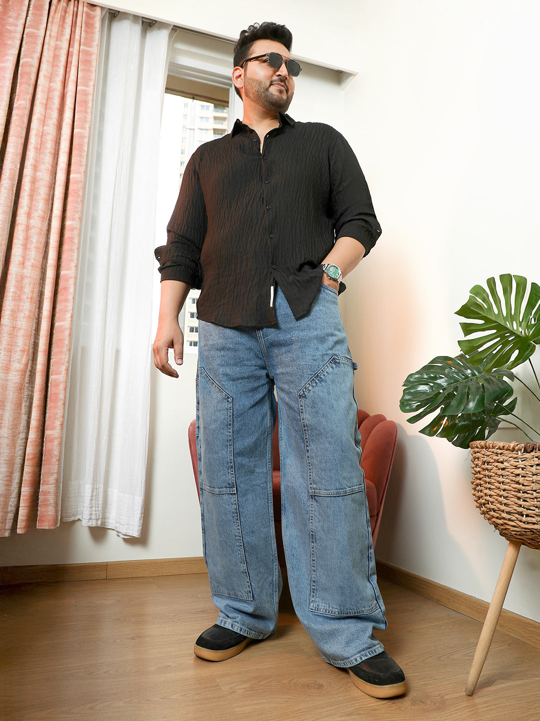 Men Navy Blue Panelled Straight-Fit Denim Jeans
