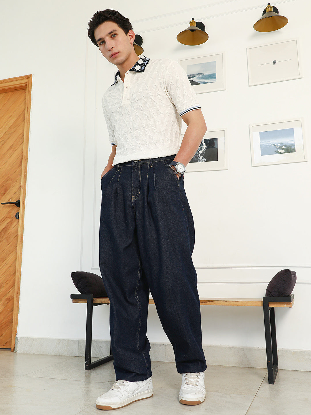 Men Navy Blue Dark-Wash Pleated Denim Jeans