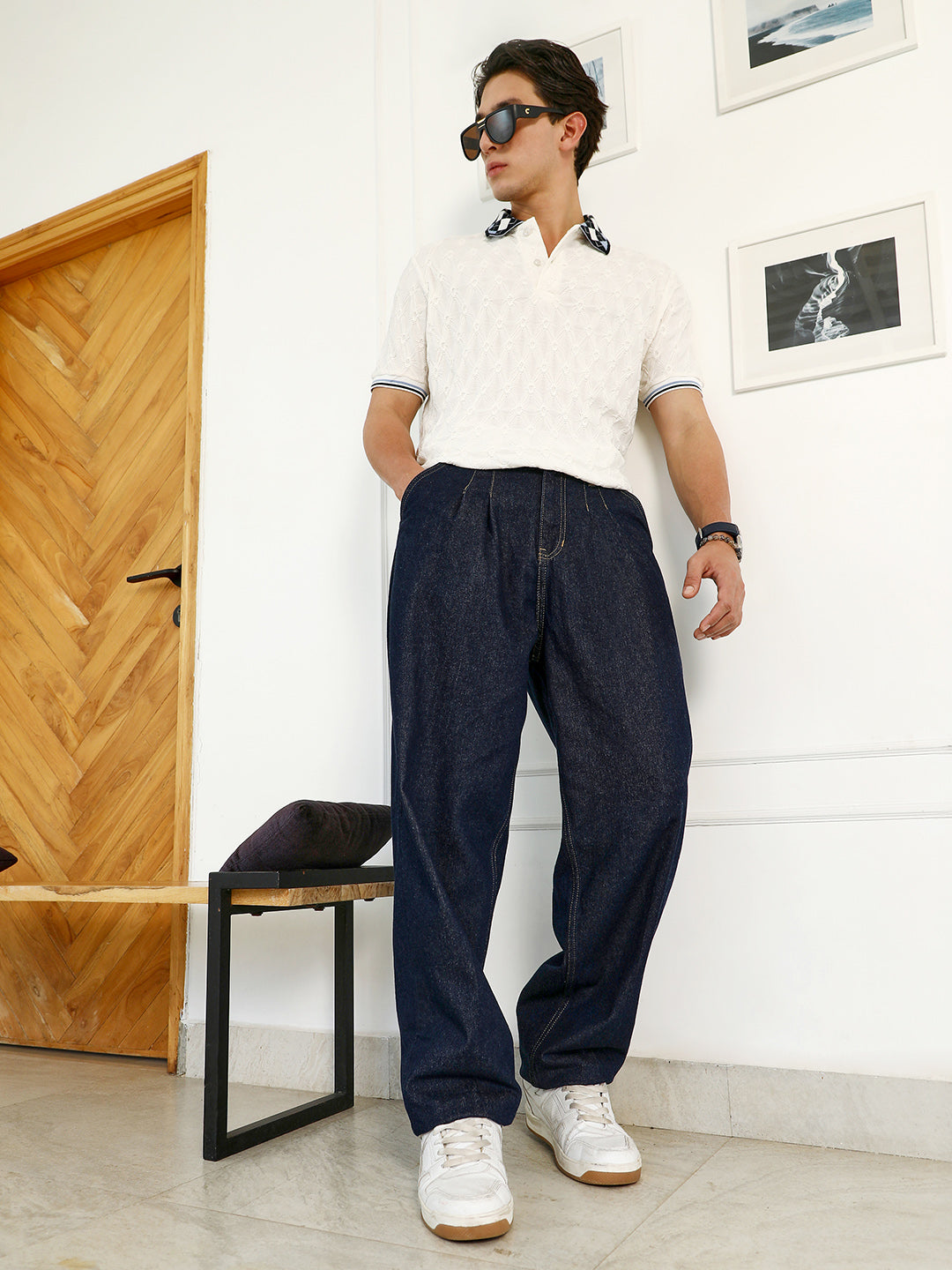 Men Navy Blue Dark-Wash Pleated Denim Jeans