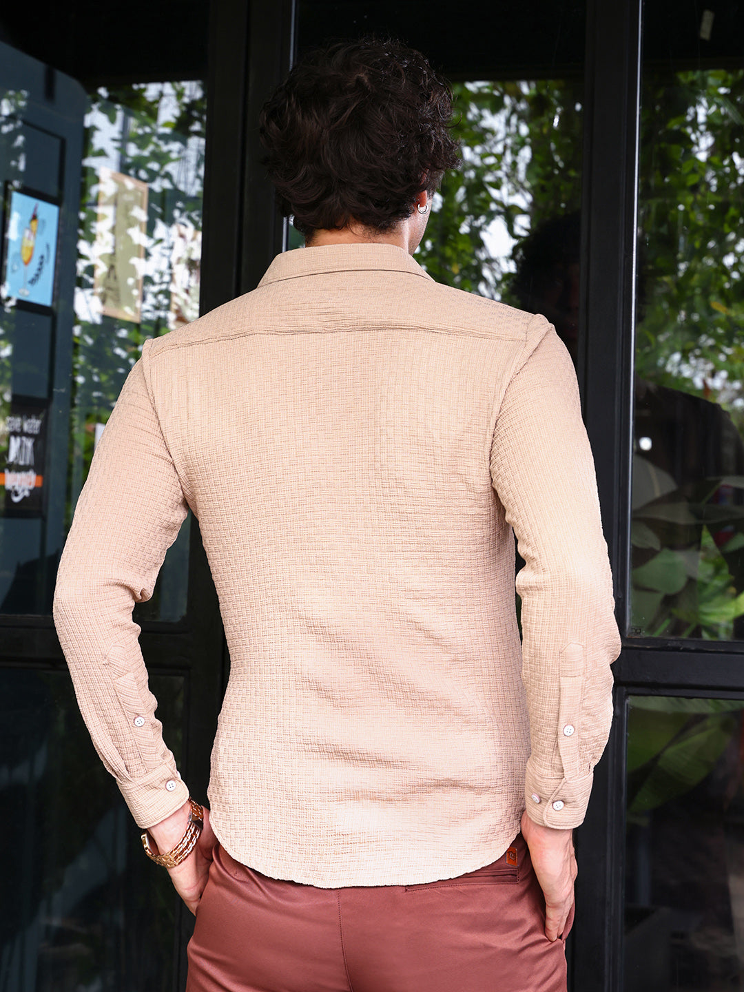 Men Buff Beige Basket-Tactile Shirt
