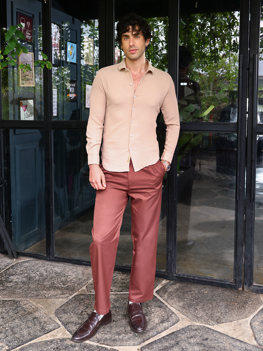 Men Buff Beige Basket-Tactile Shirt