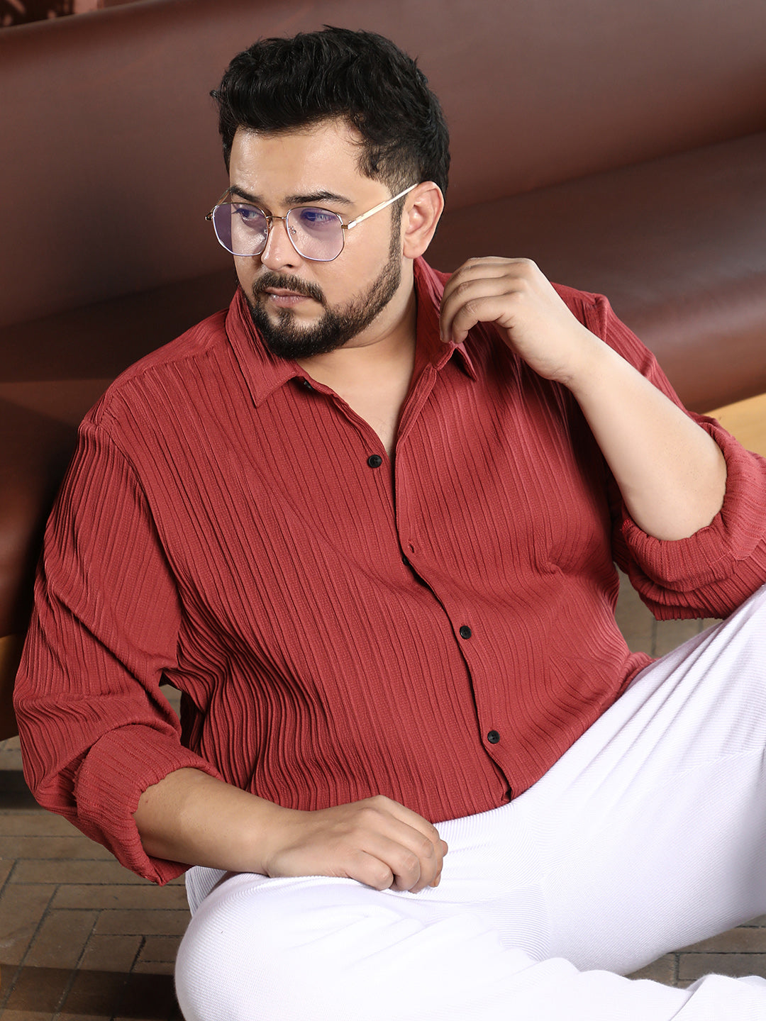Men Brick Red Pin-Tactile Shirt