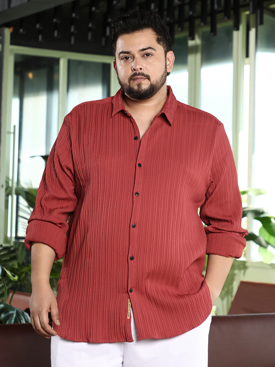Men Brick Red Pin-Tactile Shirt