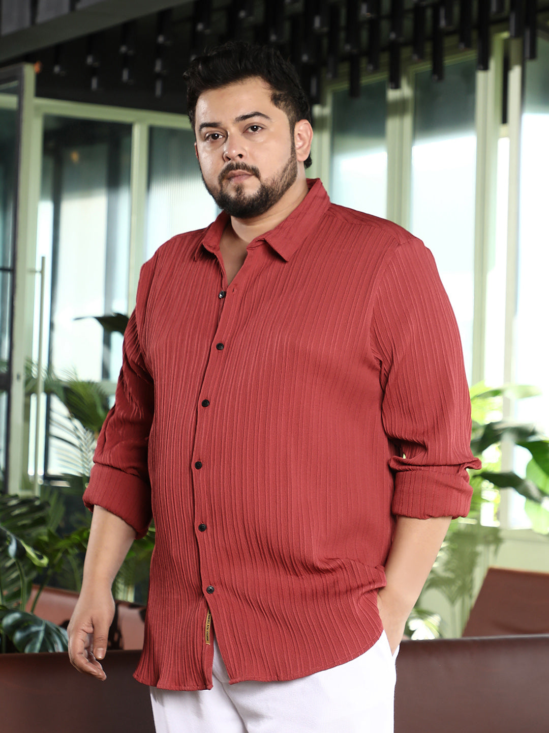 Men Brick Red Pin-Tactile Shirt
