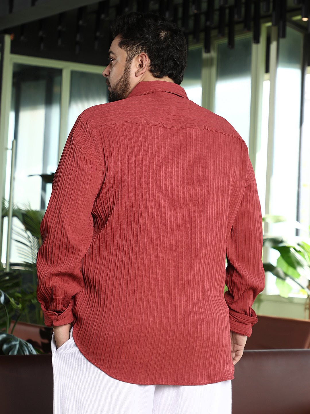 Men Brick Red Pin-Tactile Shirt